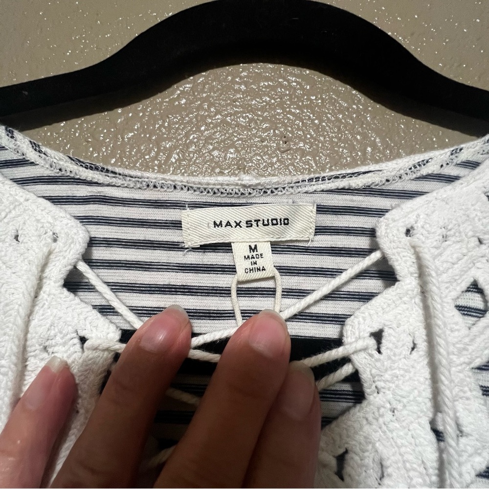 NEW Max Studio Dark Grey and White Striped Dress Lace Detail Vacation Summer - Picture 4 of 6